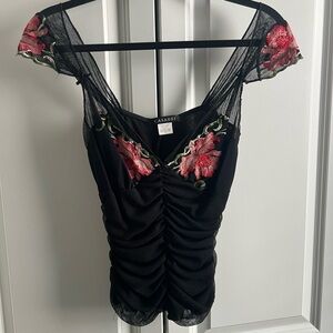 Casadei Black Mesh Top with Red and Green Embroidery